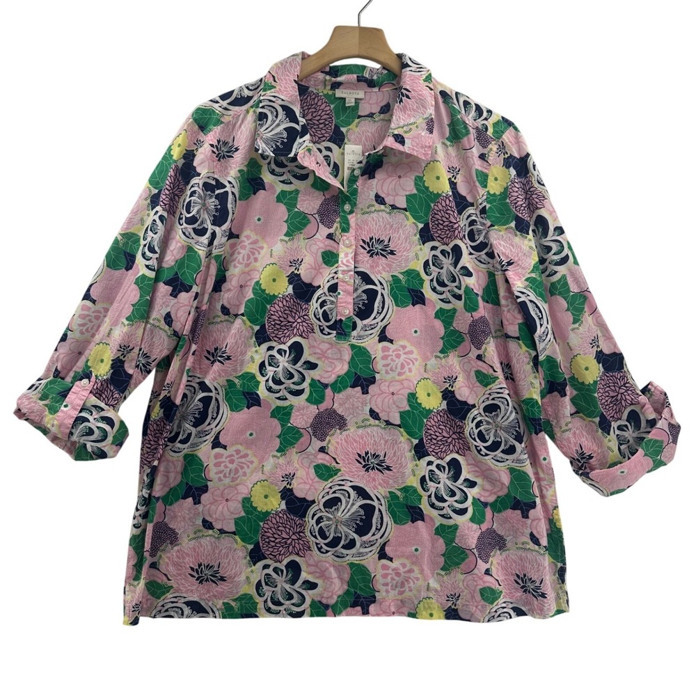 Talbots Womens XL Pink Floral Tunic Shirt Long Sleeve Button‎ Up Cotton